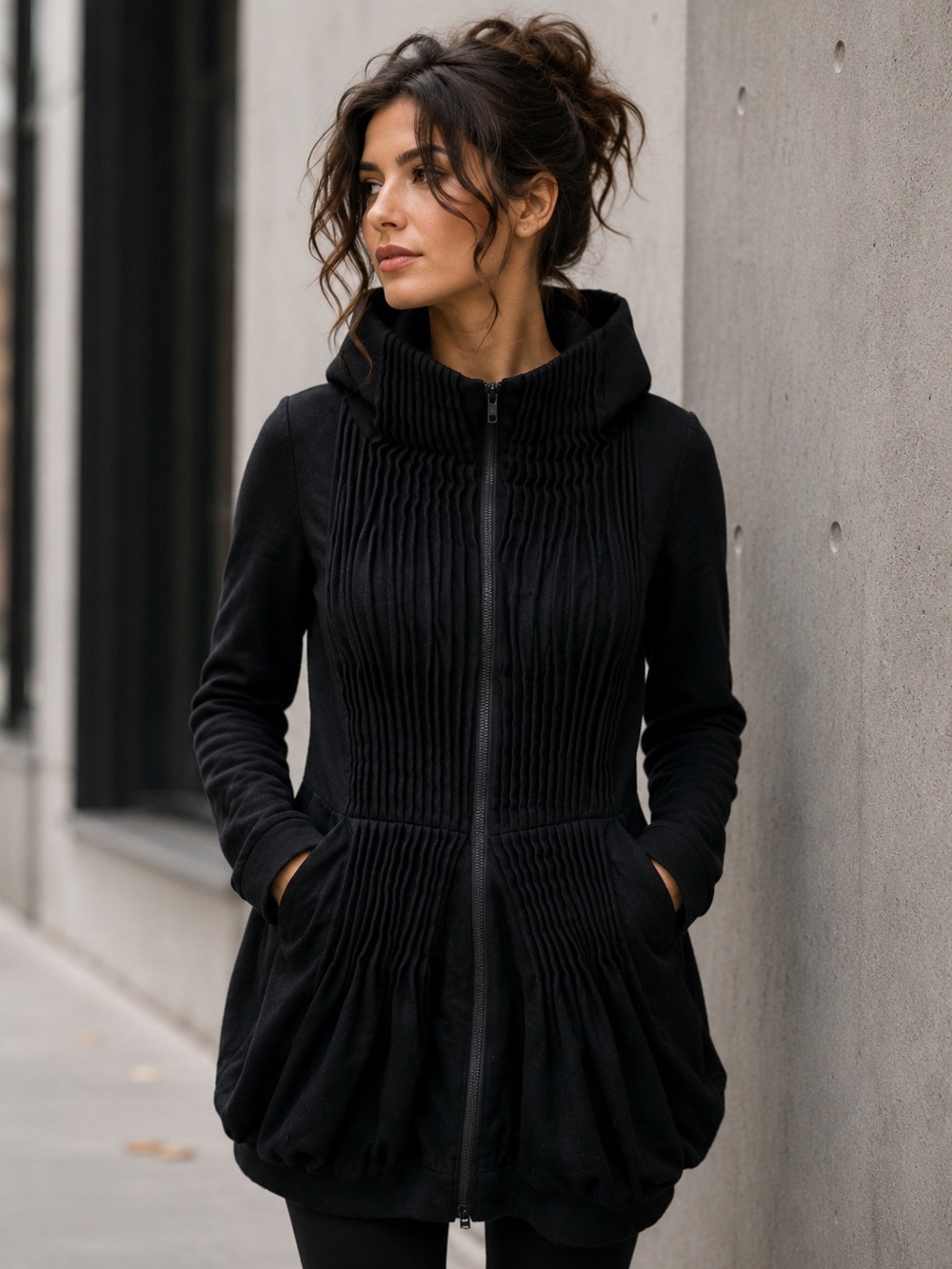 JNBY Wool Blend Jacket Coat M Black Hooded Pleated Bubble Hem Zip